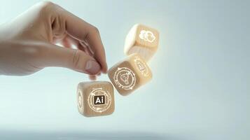 Hand Tossing AI Technology Blocks Representing Innovation, Cloud Computing, and Machine Learning Development Concept. photo