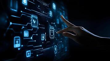 Hand Touching Digital Interface Futuristic Technology, Data Processing, Artificial Intelligence, and Cyber Security Concept photo