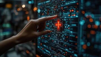 Hand Touching Digital Medical Interface Healthcare Technology, Data Analysis, and Futuristic Innovation for Patient Care photo