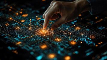Hand Touching Digital Circuit Board Conceptual Futuristic Technology, Artificial Intelligence, Computer Engineering and Cybersecurity photo