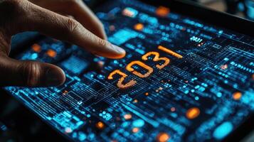 Hand Touching Digital Tablet Displaying Futuristic Circuitry and 2031 Year, Representing Technology and Future Concepts photo