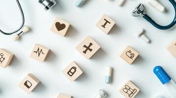Healthcare Concept with Wooden Blocks, Stethoscope, and Medicine on White Background for Medical and Wellness Promotion photo