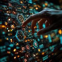 Human Finger Touching Digital Interface Future Technology, Data Analysis, Artificial Intelligence, and Network Connection Concept photo