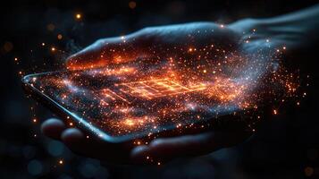 Human Hand Holding a Smartphone with Abstract Glowing Particle Connections and Data Grid Displayed on Screen photo