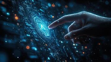 Human Hand Interacting with Advanced Technology Interface, Futuristic Digitalization and Data Transmission, Neural Network Concept photo