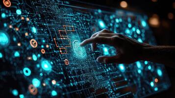 Human Hand Interacting with Digital Interface, Modern Technology, Circuit Board Design with Data Flow and Innovation. photo