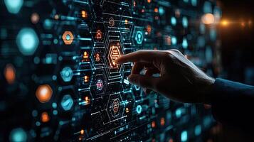Human Hand Interacting with Futuristic Technology Interface Touching Illuminated Hexagon on a Complex Network. photo