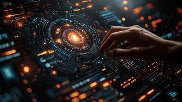 Human Hand Interacting with Futuristic Technology Interface, Data Processing and Digital Connections, Abstract Background. photo