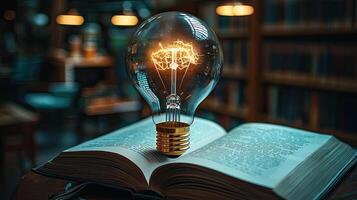 Idea Bulb Lighting Up An Open Book in a Cozy Library Setting, Promoting Knowledge and Learning photo