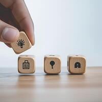 Idea Generation Process with Wooden Blocks Problem Solving, Strategy, Solution, and Innovation Concept photo