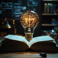 Idea Generation Light Bulb Illuminating an Open Book with Hand Written Notes in a Dark Study photo