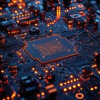 Illuminated Circuit Board CloseUp Futuristic Technology with Glowing Components for Data, AI, and Computing photo