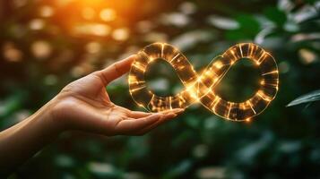 Infinity Symbol Floating on Hand, Green Nature Background, Representing Limitless Possibilities, Connection, and Balance with a Warm Glow photo