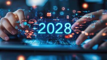 Innovative 2028 Tech Concept Hands Typing on Futuristic Keyboard with Holographic Icons Display, Digital Transformation and Technology Vision photo