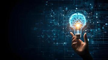 Innovative Brainstorming A Hand Holds a Lightbulb with a Brain Inside, Highlighting Creative AI Solutions photo