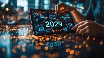 Innovative 2029 Technology Digital Transformation, Connectivity, and Futuristic Concepts Displayed on a Tablet with Bokeh Background photo