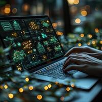 Innovative Data Analysis Hands Typing on Laptop with Modern Interface Display, Night Bokeh Background. photo