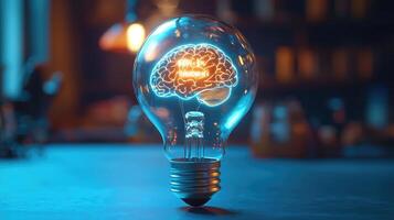 Innovative Idea Glowing Brain Inside a Light Bulb, Symbolizing Intelligence, Knowledge, and Creative Inspiration in Blue Tones photo
