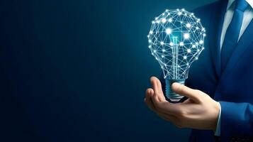 Innovative Idea in Business Man Holds Glowing Light Bulb Representing Creativity, Strategy, and Solutions photo