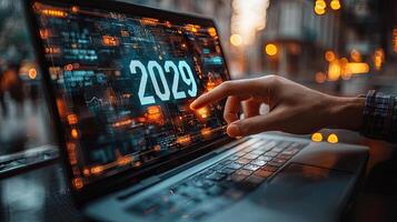 Innovative Technology 2029 New Year on Laptop Screen, Artificial Intelligence Data, Touchscreen Interface with Future Tech. photo
