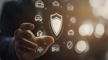 Insurance Technology Concept Hand Interacting with Protective Shield and Property Icons in a Modern Digital Interface. photo