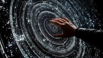 Interacting with a Celestial Display Hand Touching Digital Solar System Projection with Cosmic Light Trails photo