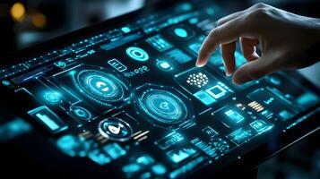 Interactive Digital Interface Closeup of Finger Touching Futuristic Touchscreen Display with Glowing Data and Icons photo