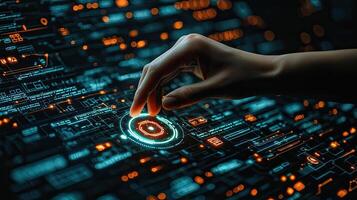 Interactive Digital Interface Hand Touching Futuristic Technology with Glowing Circuit Board, Data Flow, and Innovation photo