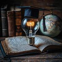 Knowledge Illumination Graduation Cap on Light Bulb Resting on Open Book, Educational Concept Design. photo