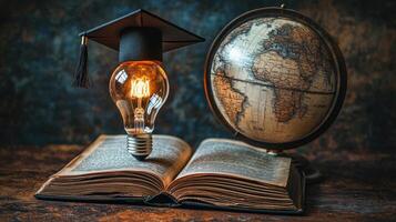 Knowledge Illumination Graduation Cap Topped Lightbulb on Book with Globe Symbolizing Global Education and Wisdom photo
