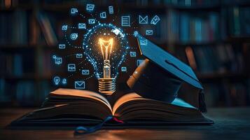 Knowledge Power Glowing Bulb, Graduation Cap, and Open Book Symbolizing Education and Success on Dark Wood Background photo
