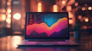 Laptop Displaying Colorful Financial Data Charts on Wooden Table with Bokeh Lights Background, Financial Analysis. photo