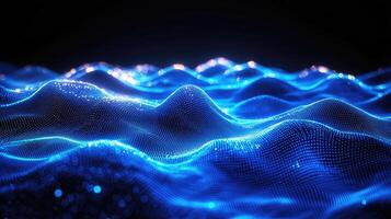 Abstract Blue Digital Particle Waveform Landscape on Dark Background for Technology and Science Concepts photo