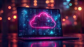 Abstract Cloud Computing Technology Displayed on Laptop Screen with Bokeh Background, Digital Connection and Data Stream photo