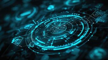 Abstract Cyan Technology HUD Background Displaying Data Visualization, Networks, and Cybernetic Elements with Blurry Depth of Field photo