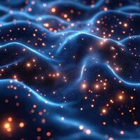 Abstract Dark Blue Surface with Dotted Pattern and Orange Bokeh Light, Futuristic Network Design photo