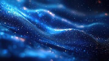 Abstract Dark Blue Wave of Sparkling Particles Background with Bokeh Lights for Creative Designs photo