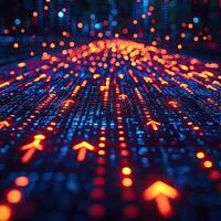 Abstract Data Flow Network with Glowing Arrows, Data Streams, Information Transfer, Blue and Red, Digitalization. photo
