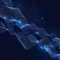 Abstract Data Flow Visualization Wavy Lines with Glowing Nodes and Particle Swarm on a Deep Blue Backdrop. photo