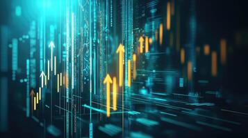 Abstract Financial Chart with Upward Arrows and Digital Data in Futuristic Teal and Gold Design photo