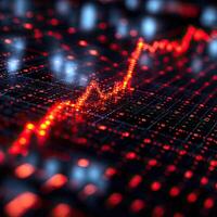 Abstract Financial Data Graph with Rising Red Trend Line on Tech Grid Background photo