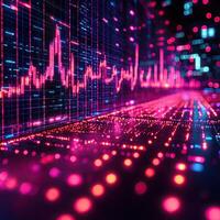 Abstract Financial Data Visualization Digital Stock Market Analysis with Glowing Red and Blue Grid. photo