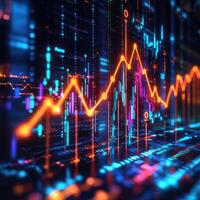 Abstract Financial Data Visualization with Glowing Line Graph, Chart, and Futuristic Background for Market Analysis. photo