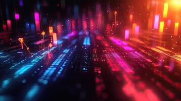 Abstract Financial Data Visualization with Line Graphs, Columns, and Glowing Particles in a Dynamic Digital Environment. photo