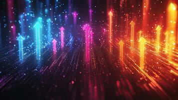 Abstract Financial Growth Upward Arrow Movement with Glowing Particle Streams on Dark Background, Business Success and Technology photo
