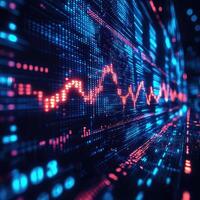 Abstract Financial Market Data Visualization Volatile Stock Price Chart with Blue and Red Glowing Pixels. photo