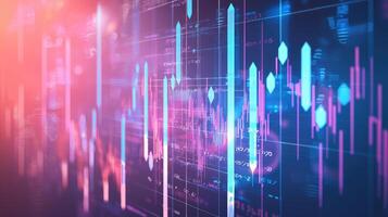Abstract Financial Stock Market Analysis Background with Glowing Pink and Blue Bar Chart, Data Visualization for Investments photo