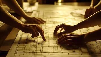 Architectural Design Team Collaborating on Blueprint, Examining Building Plans for New Construction Project with Hands photo