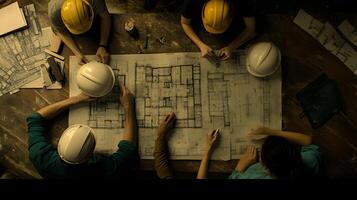 Architectural Engineers Reviewing Blueprint Plans at a Table with Hard Hats in a Dark Setting photo