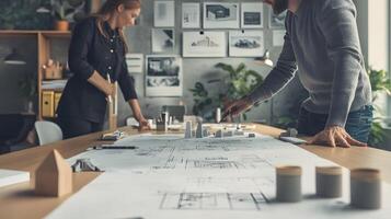 Architectural Team Collaborating on Blueprints with Model Homes in a Modern Office, Design and Planning Concept photo